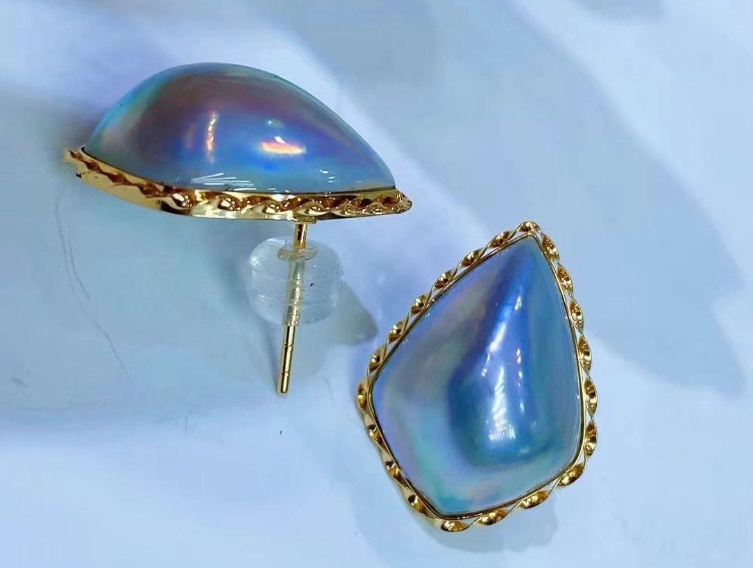 Sky Blue Color Shield Saltwater Mabe Pearls Earrings